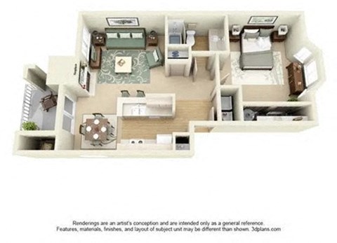 Floor plan for 1 bed, 1 bath, 845 sqft